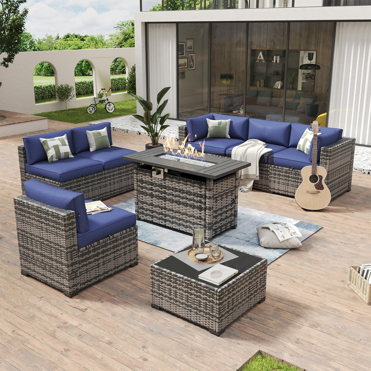 Aoxun 8 Piece Patio Furniture Set with 44” Fire Pit Table Paito Conversation Set Wicker Rattan Outdoor Sectional Sofa Set with Waterproof Cover and Thickened Cushions (Grey/Blue) Aoxun