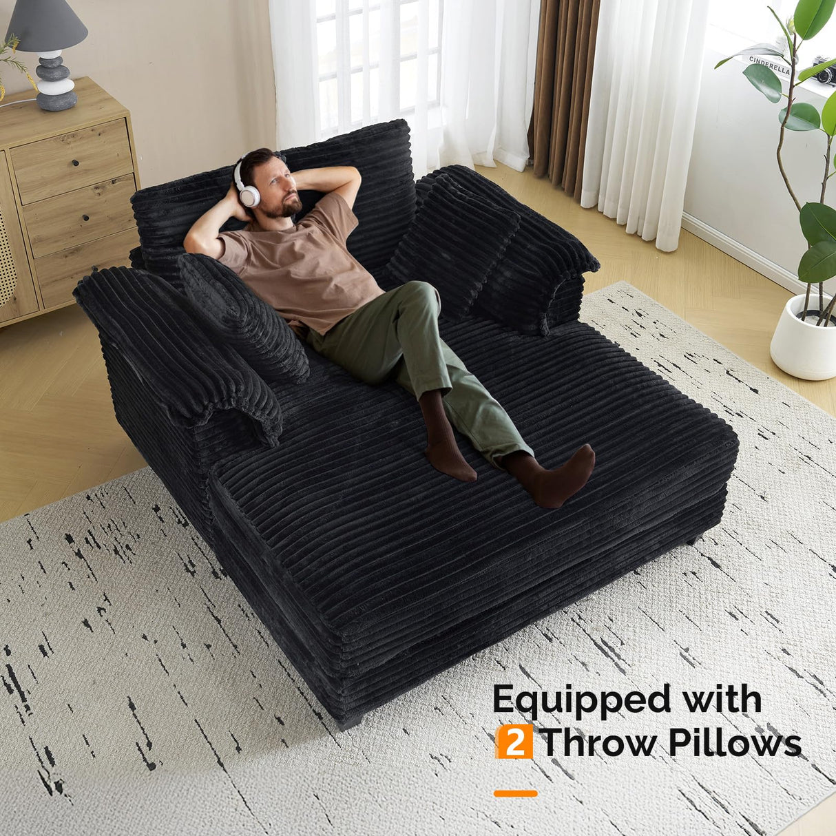 VINGLI Lounge Chair, 56" Oversized Reading Chair Corduroy Chaise Sofa Recliner Bed Upholstered Comfy Sleeper Couch with Throw Pillows and Armrests for Living Room, Movie Room, Bedroom VINGLI