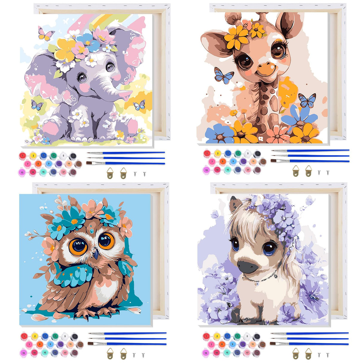 MAXBYE 4 Pack Paint by Numbers Kit for Kids, Cute Animals Painting Kits for Ages 8-12, Easy Paint by Number for Kids with Wooden Frame, DIY Acrylic Oil Painting Kit for Wall Decor 8X8 in MAXBYE