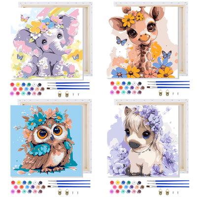 MAXBYE 4 Pack Paint by Numbers Kit for Kids, Cute Animals Painting Kits for Ages 8-12, Easy Paint by Number for Kids with Wooden Frame, DIY Acrylic Oil Painting Kit for Wall Decor 8X8 in