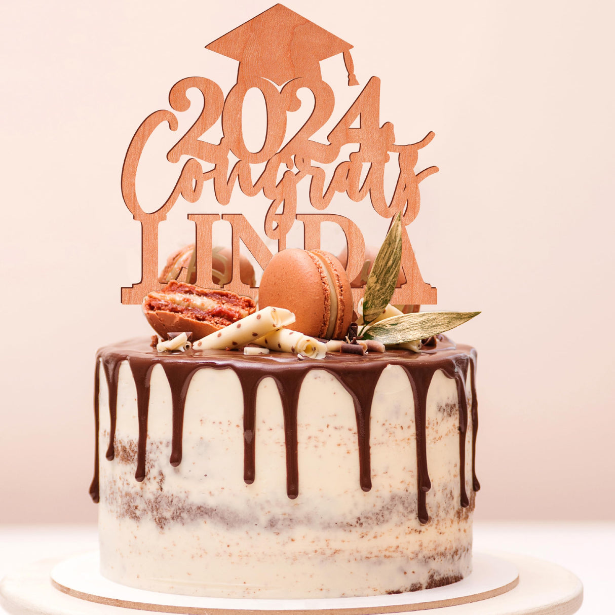 Personalized Graduation Cake Topper - Congrats Grad Cake Toppers w/Name and Date - Custom Wooden Cake Decorations, Class of 2024 Cake Topper for Graduation Party - 3 Wooden Options Customization Mill