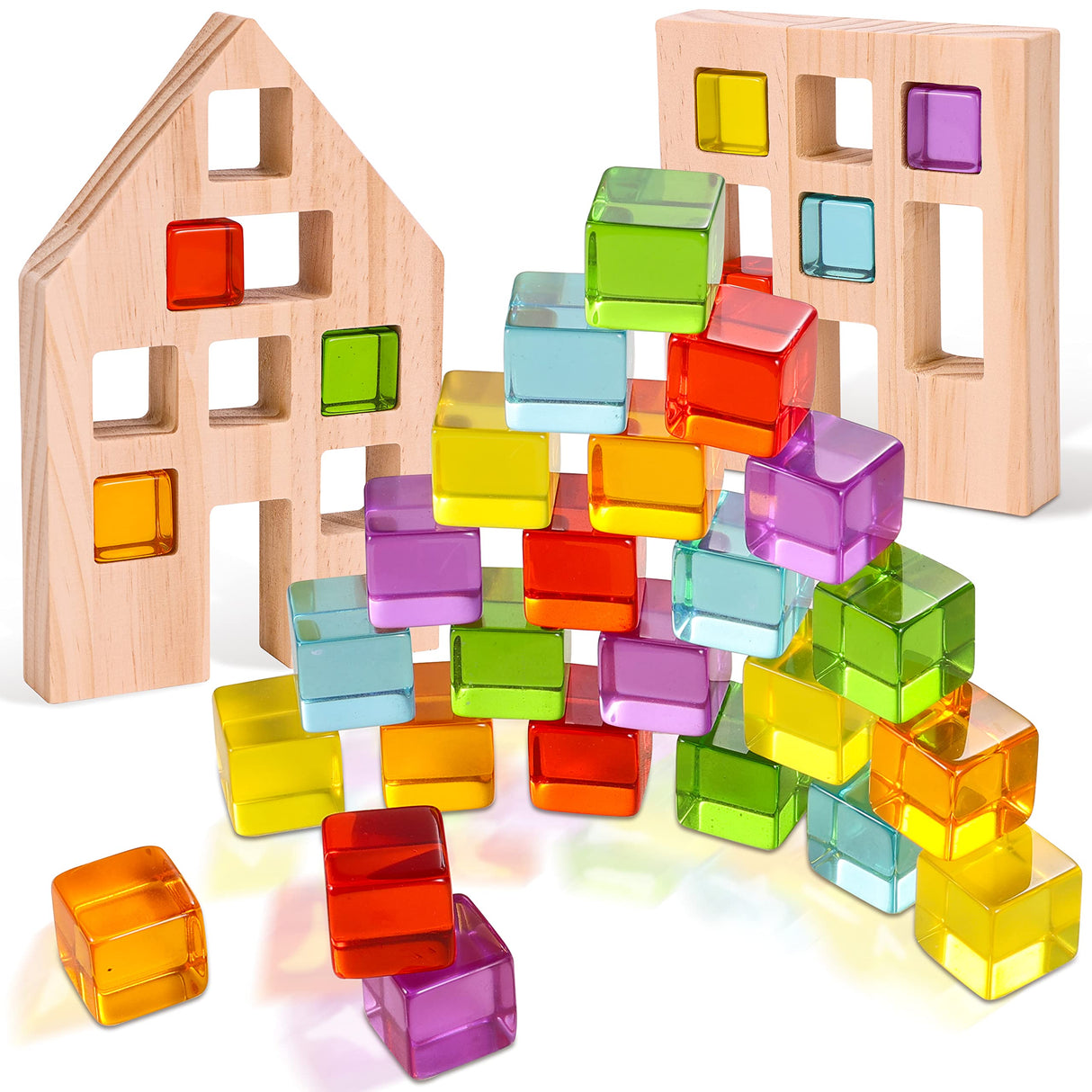 Woodtoe Wooden Building Blocks Set for Kids, 24 PCS Rainbow Gem Cubes Stacking Blocks - 2 Wood House, Montessori Stacking Toy for Toddlers, Educational STEM Birthday Toy for Boys Girls 3-6 Woodtoe