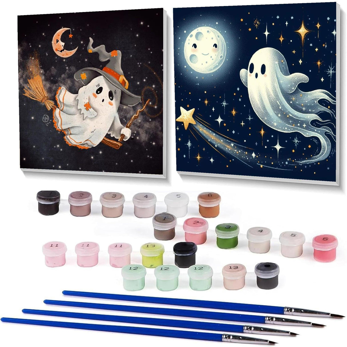 stnckic 2 Pcs Halloween Paint by Numbers Kits for Kids Framed,Ghosts Adults' Paint-by-Number Kits on Canvas Easy Acrylic Oil Painting by Number for Adults Halloween for Home Decor 8x8 inchs stnckic