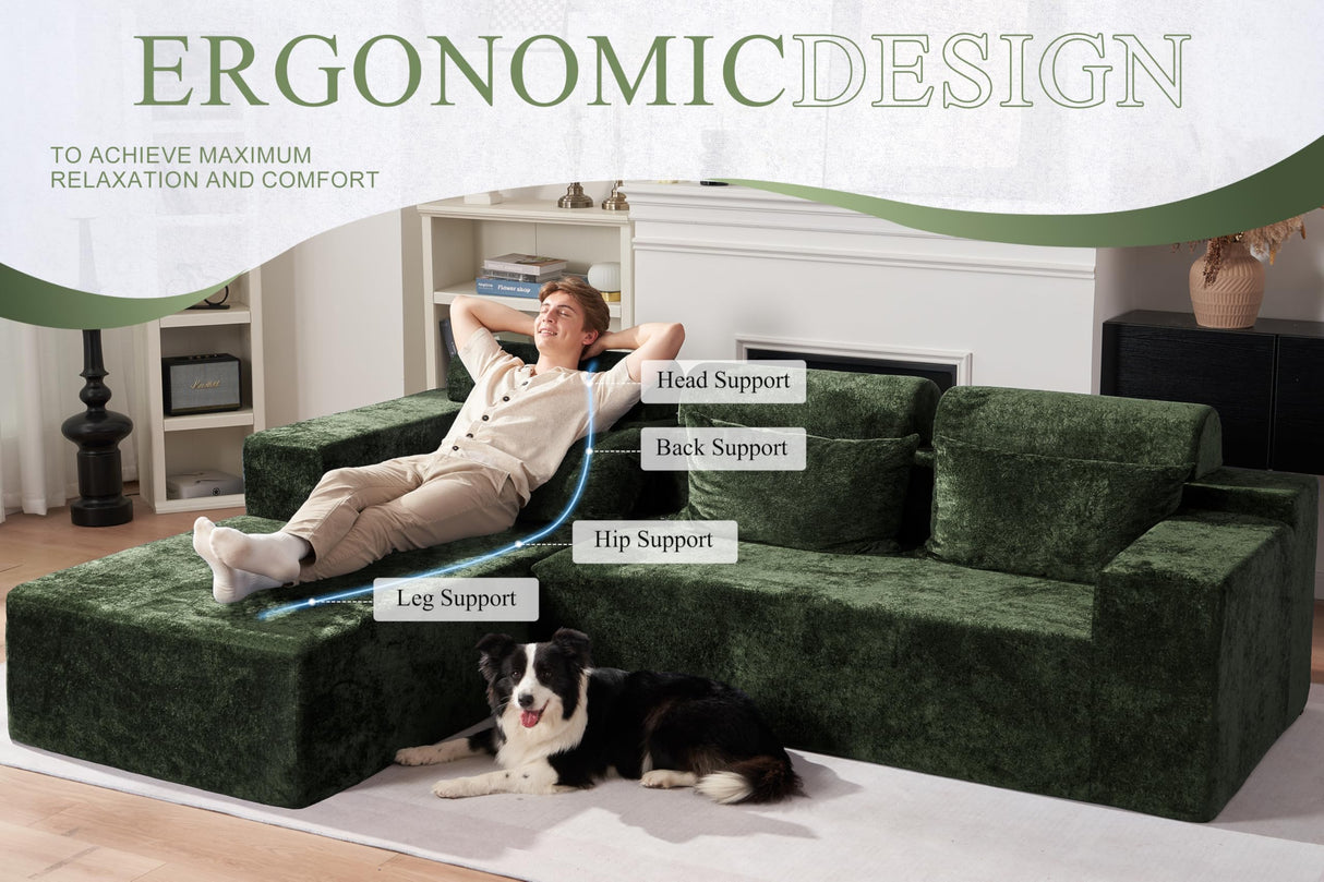 HABUTWAY 105" L-Shape Modular Sectional Sofa Couch for Living Room,No Assembly Required,Modular Comfy Sofa with Deep Seat for Living Room Bedroom,Luxury Distressed Velvet(Left,Green) HABUTWAY