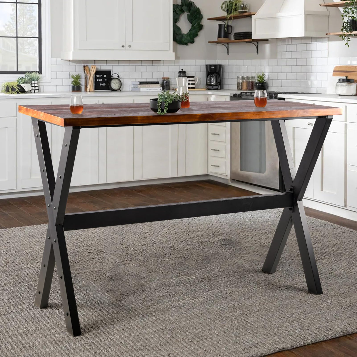 LOKKHAN 47.24" Rustic Brown Bar Table with Industrial Black Metal Frame - Perfect for Small Spaces LOKKHAN