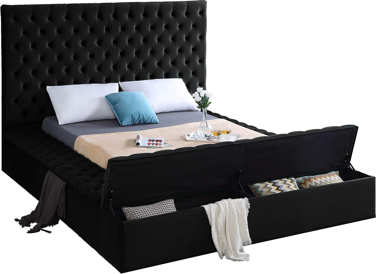 Meridian Furniture Bliss Collection Modern | Contemporary Velvet Upholstered Bed with Deep Button Tufting and Storage Compartments in Rails and Footboard, Black, King Meridian Furniture