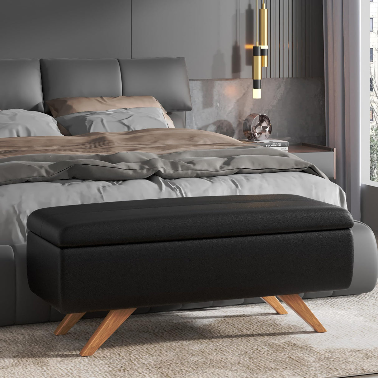 VECELO 44.1" Ottoman with Storage, Storage Ottoman Bench with 2 Gas Spring Lid Supports, PU Leather Upholstery, Solid Wood Legs, Black Shoe Bench for Bedroom, Living Room, Entryway VECELO