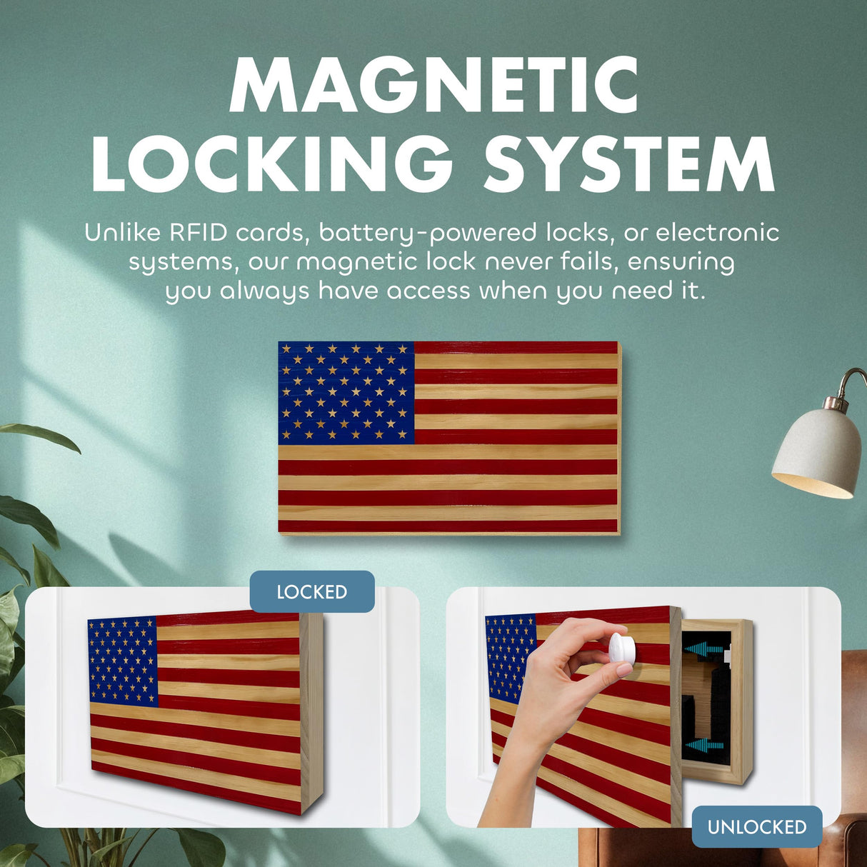 American Flag Hidden Gun Safe - Quick Access Hidden Gun Shelf - Concealment Shelf with Magnetic Lock - Wall Gun Safe for Secure Firearm Storage - Handcrafted In USA by Bellewood Designs (Red & Blue) Bellewood Designs