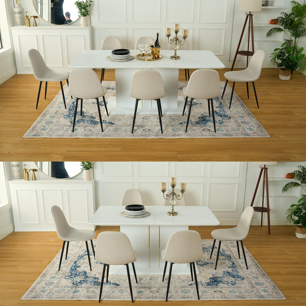 9-Piece High Gloss Dining Table with 8 Beige Fabric Durable Metal Legs Chairs for 6-8 Persons, 63-80.7'' Contemporary Extendable Table Set for Dining Room, Conference Room, Reception Area, White Homy Casa