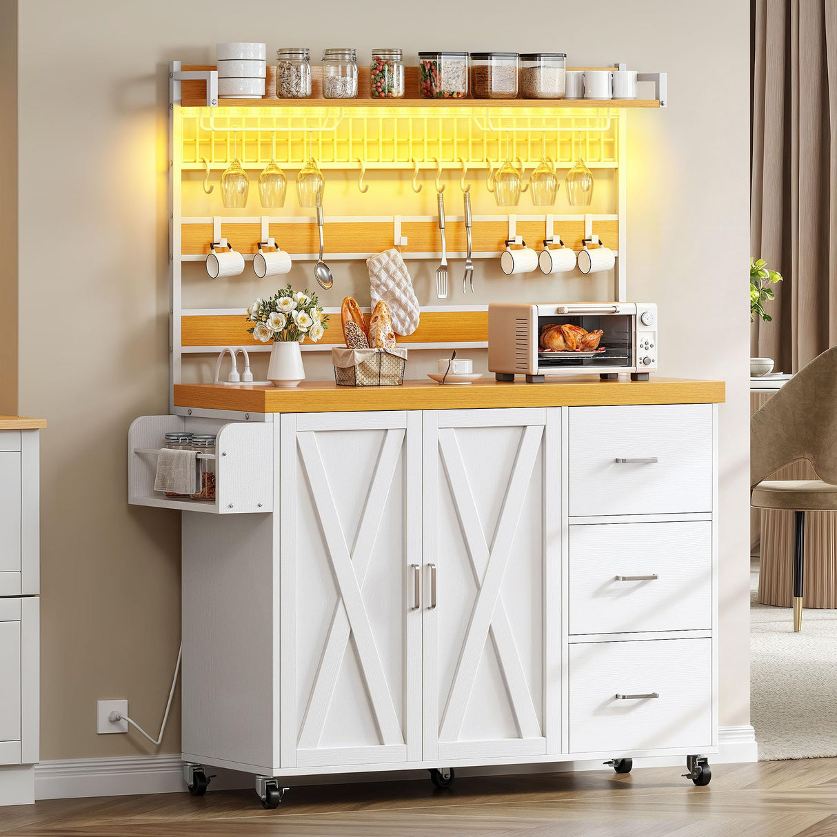 YITAHOME Bakers Rack with Power Outlet and LED Light, 53 Inch Microwave Stand with Storage Cabinet Thickened Counter, Farmhouse Coffee Bar Cabinet on Wheels Tall Shelf for Spices, Cups, Pots, White YITAHOME