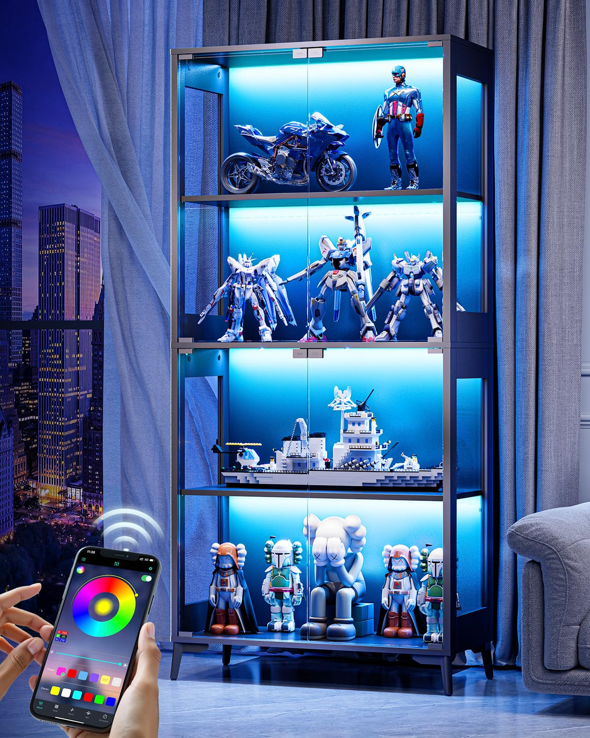 Glass Display Cabinet with Doors, 4-Tier Display Case with Adjustable Shelves, RGB LED Lights with App & Remote Control, Curio Storage Cabinet with Metal Base for Collectibles, Books, Black Zephome