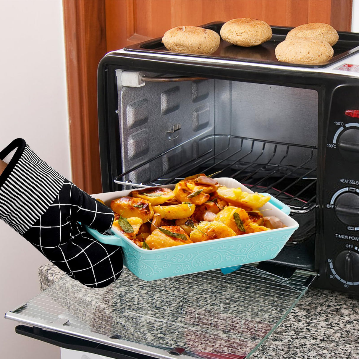 Okllen Set of 3 Casserole Dishes for Oven, Ceramic Baking Dishes with Handles, Rectangular Lasagna Pan Bakeware Set for Baking Cooking, Roasting, Broiling, Gratin, Wedding & Housewarming Gift, Blue Okllen