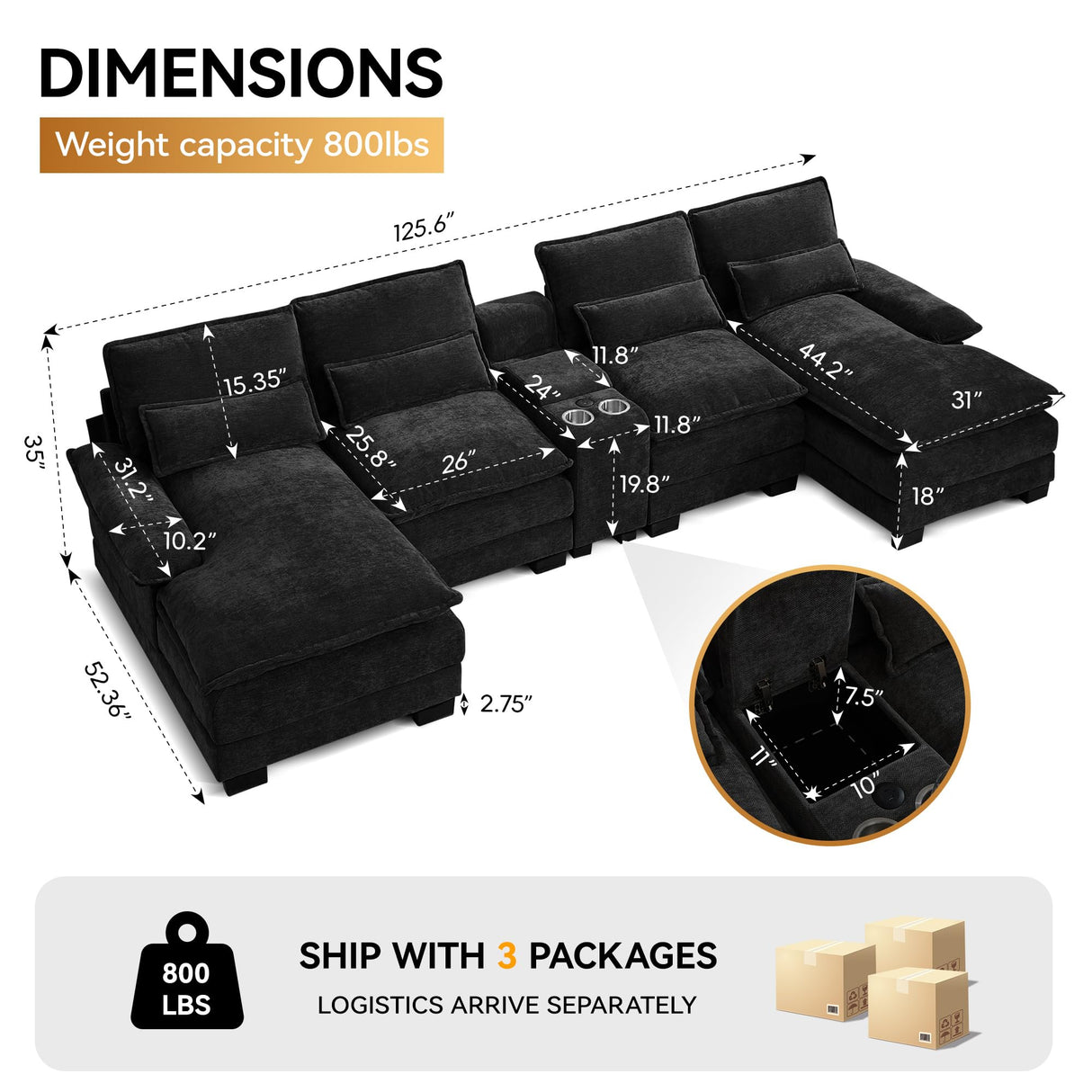 125'' U Shaped Cloud Modular Sofa with Chaise Lounges, Chenille Upholstered Comfy Sectional Couch with Storage Console, USB Charging Ports & Cup Holders, Modern Deep Seat Sofa for Living Room, Black WUTUTUEE