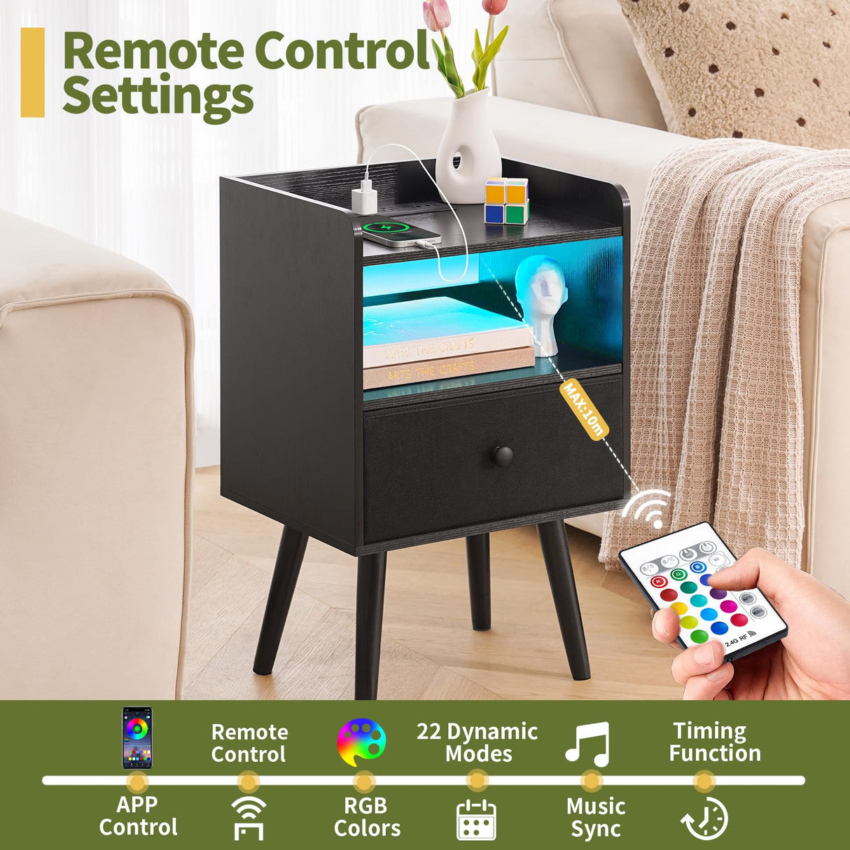 Yoobure Nightstand with Charging Station, Modern Night Stand with LED Lights, Wood Nightstands with Fabric Drawer & Storage Shelf, Night Stands Bedside Table with USB Ports for Bedroom, Office, Home Yoobure