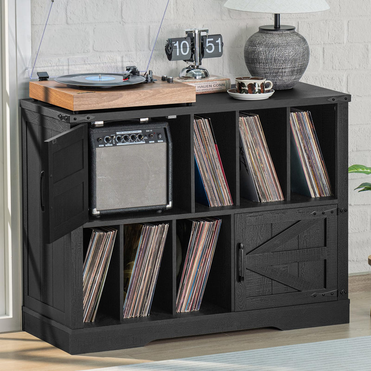 Joaxswe Large Record Player Stand with Vinyl Storage Up to 450 Albums, 39 Inch Farmhouse Wood Black Vinyl Records Storage Cabinet with Barn Doors, Mid-Century Modern Turntable Stand for Living Room Joaxswe