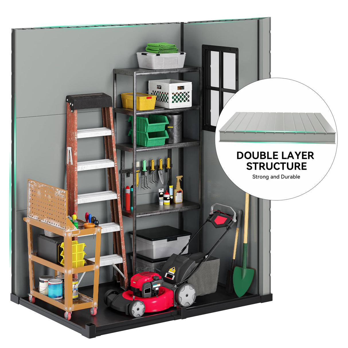 DWVO Outdoor Storage Shed, All-Weather Resin Plastic Storage Shed with Windows, Slanted Roof, Raised Floor, Capacity for Garden Tools & Equipment, Ideal for Backyard & Garden DWVO