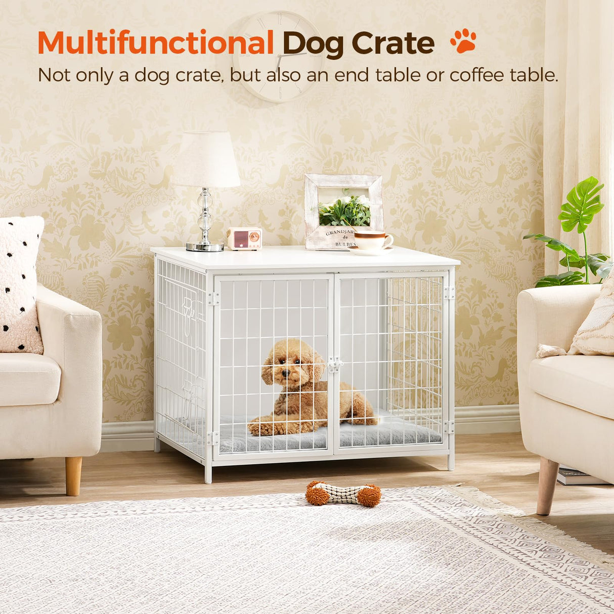 MAHANCRIS Dog Crate Furniture with Cushion, Wooden Dog Kennel with Double Doors, Heavy Duty Dog Cage for Small/Medium/Large Dogs, Indoor Dog House End Table, 31.5" L, White DCBW0701 MAHANCRIS