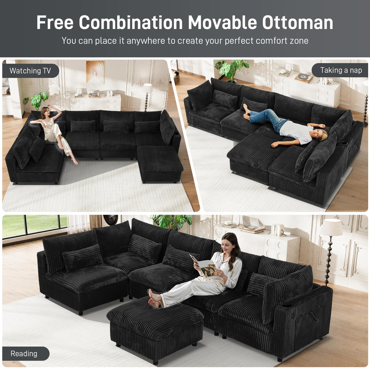 130" Oversized Cloud Couch Large Modular Sectional Sofa Modern U Shaped Sectional Couch 6 Deep Seat Sofa Set for Living Room Comfy Plush Corduroy Cloud Sofa with Ottoman, USB Port, Cup Holder, Black ONEMMLION
