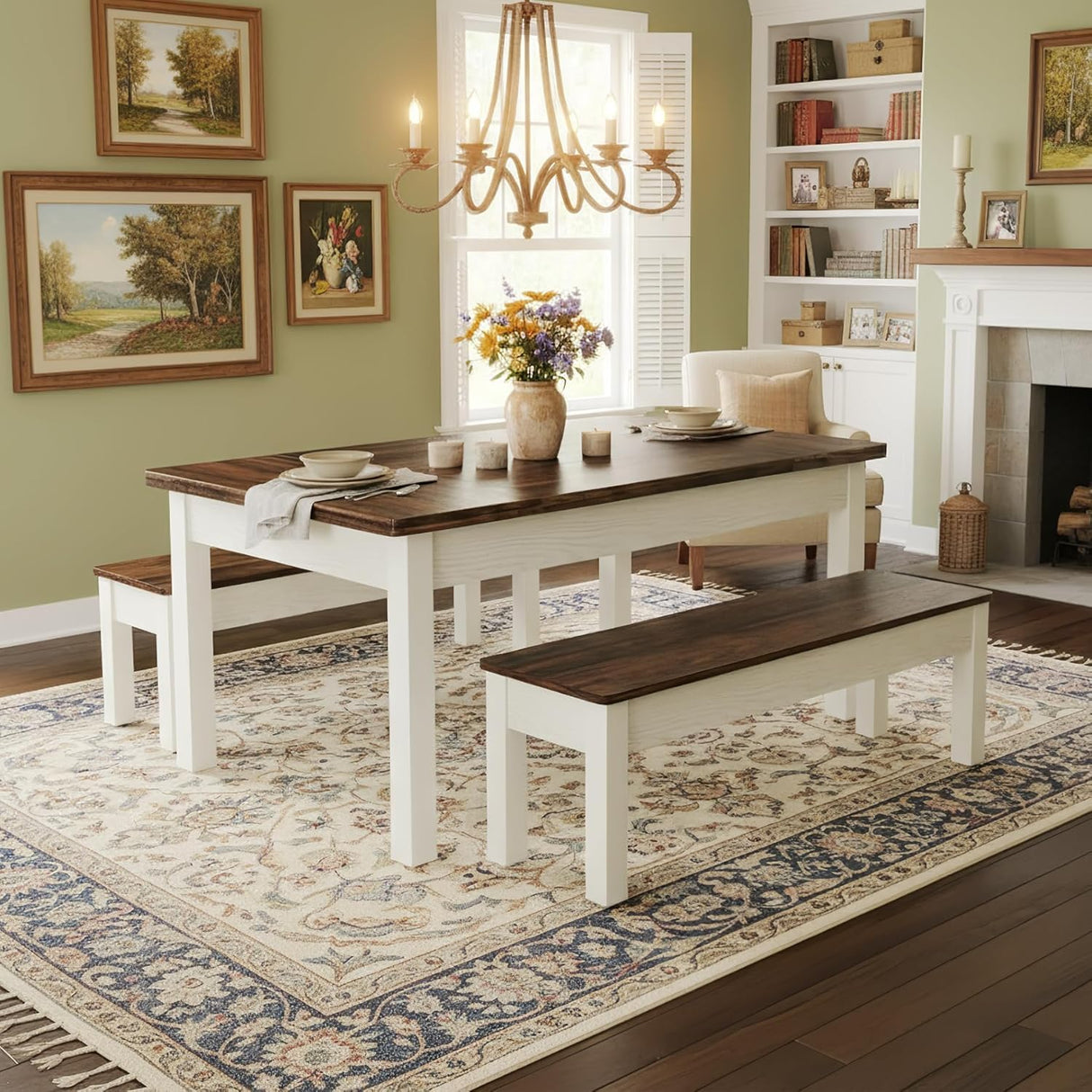 Tribesigns 55-Inch Kitchen Table Set for 4-6 People, Farmhouse Space Saving Dining Table with 2 Benches, 3 Pieces Wooden Dinette Set for Small Space, Breakfast Nook, Restaurant (White and Brown) Tribesigns