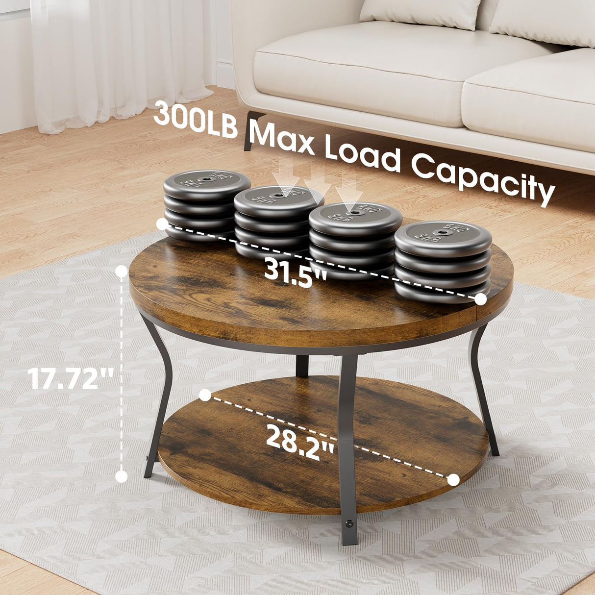 Round Coffee Tables for Living Room, Circle Wood Coffee Table, 2 Tier Industrial Modern Center Table with Thickened Tabletop and Metal Frame, 31.5 inch (Rustic Brown) AntsandAnts
