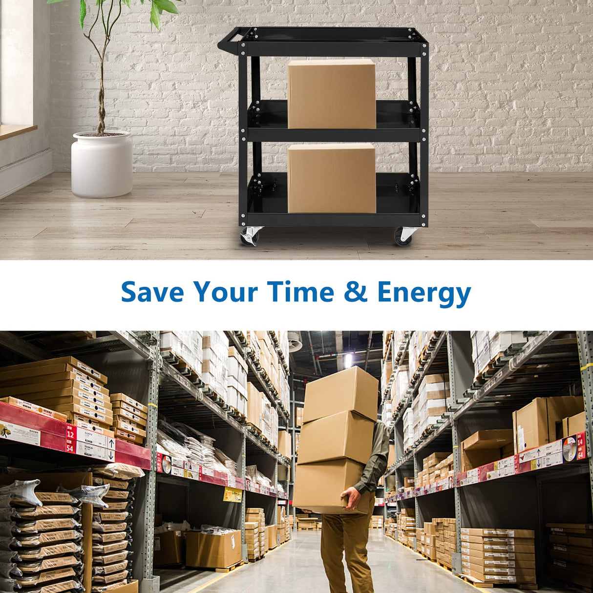 TUFFIOM 3 Tier Rolling Tool Cart, 330 Lbs Capacity, with Ergonomic Handle, Black TUFFIOM