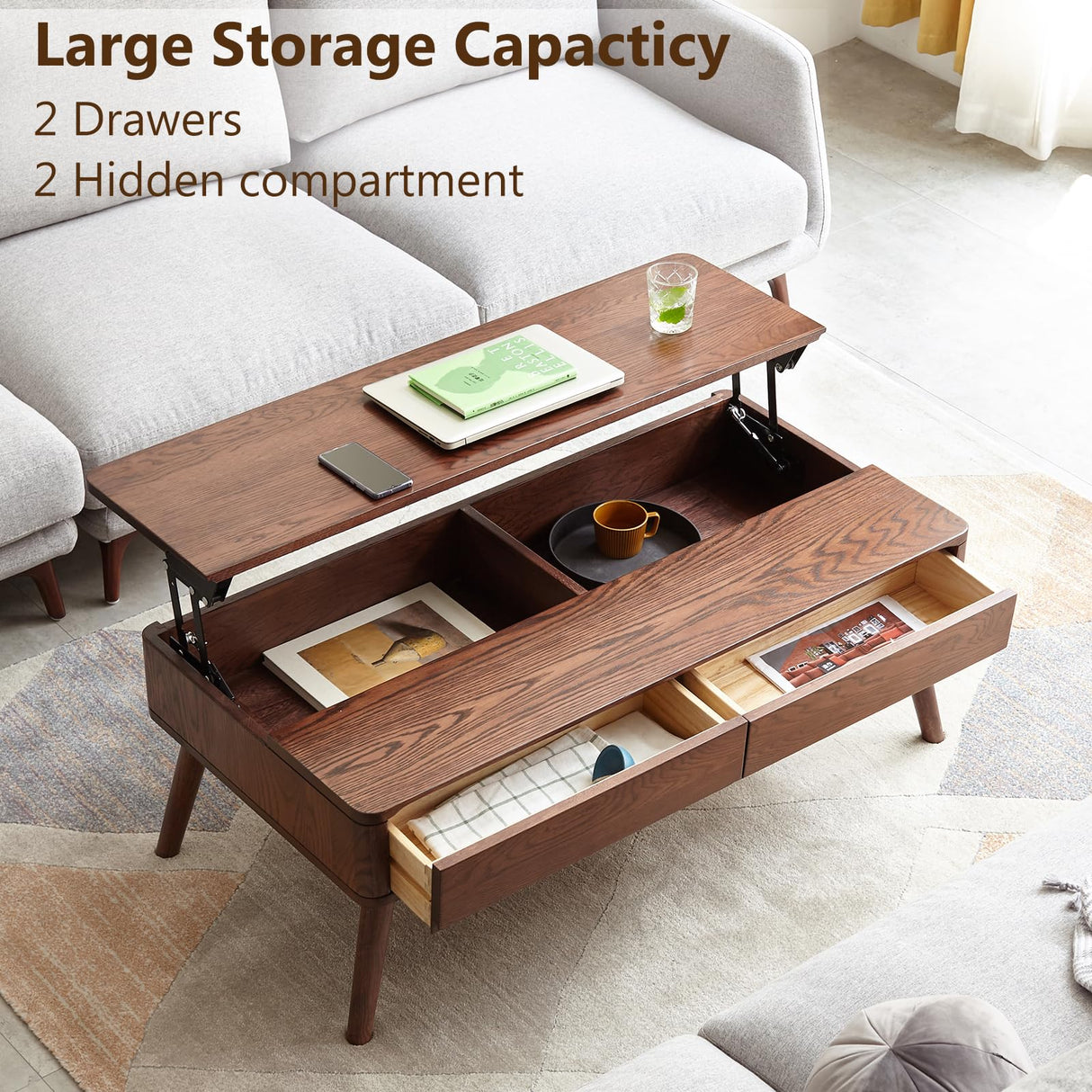 100% Solid Oak Wood Coffee Table, Lift Top Walnut Coffee Table with Drawers and Hidden Compartments, Rectangular Coffee Tables with Storage for Living Room Home Decor (39.37" L x 21.65" W x 25.59" H) Vadisun
