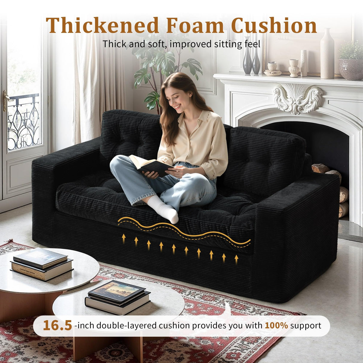 Korser 74" Boneless Couches for Living Room, Modern 3 Seater Sofa with Deep Seat, Comfy Cloud Sofa with Corduroy Fabric, No Assembly Couch, Bean Bag Couch for Bedroom, Dorm, Apartment, Black Korser