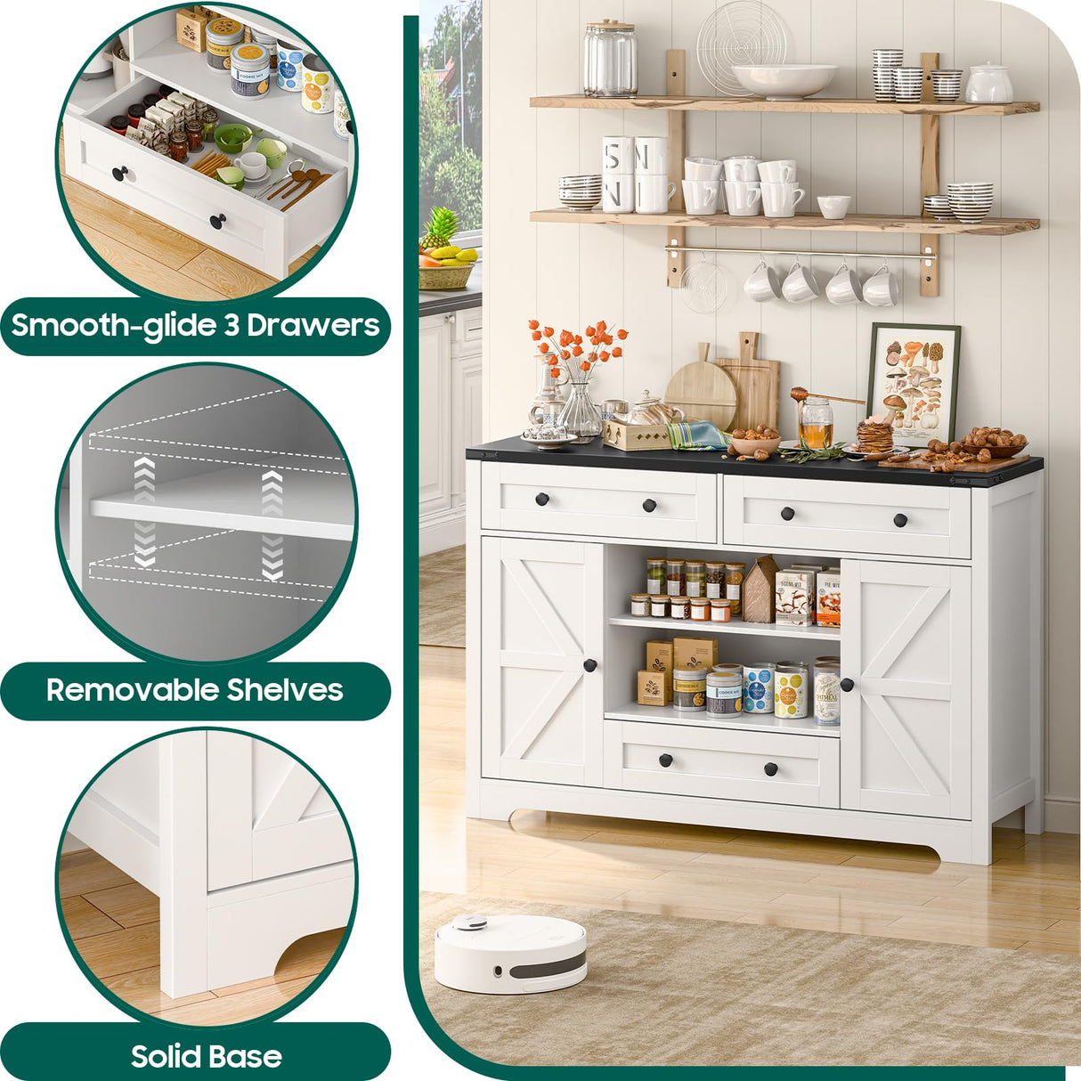 Vabches Farmhouse Sideboard Buffet Cabinet, Kitchen Storage Cabinet with 3 Large Drawers and 2 Doors Wood Rustic Sideboard Buffet Cabinet for Kitchen, Living Room, White Vabches