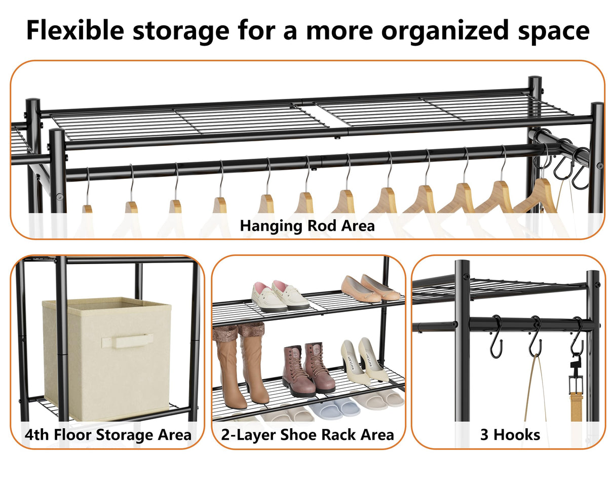 Wardrobe Closet,Portable Clothes Rack with 4 Tiers Shelves,Freestanding Closet Organizers and Storage System with Hanging Rods,Steel Clothing Rack Suitable for Cloakrooms,Bedrooms,Entrances,etc.Black HOMIDEC