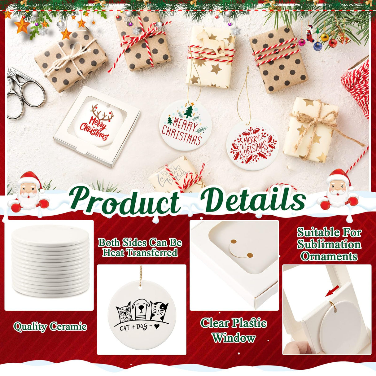 Dunzoom 12 Pcs Sublimation Ceramic Ornament Blanks with 12 Pcs Gift Box 2.9 Christmas Ornaments Ceramic Discs Ornaments Bulk Packaging Box with Window for Personalized Xmas Tree Heat Press Printing Dunzoom