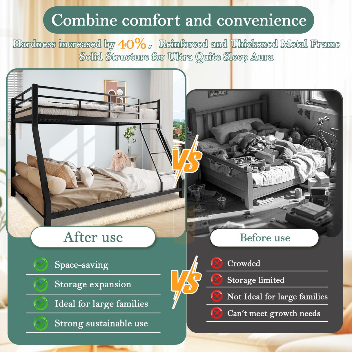 Cyranture Bunk Bed Twin Over Full Size, Twin Over Full Bunk Beds with Ladder & Guardrail Heavy Duty Bunk Beds Frame for Teens Adults Dorm Bedroom Guest Room, No Box Spring Needed(Black) Cyranture