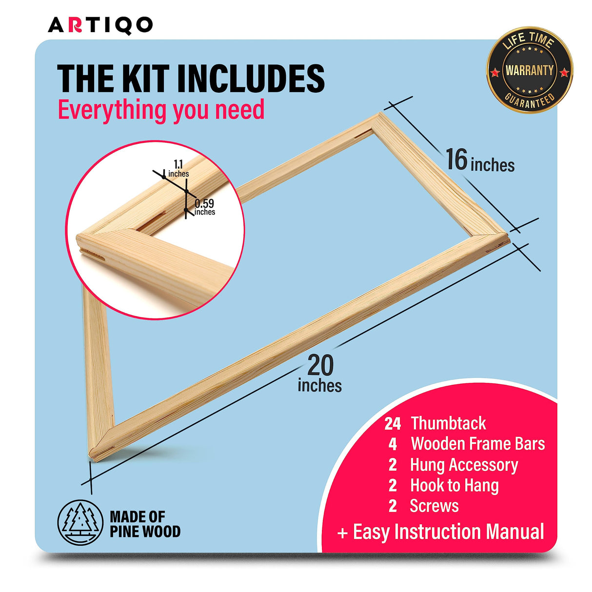 ARTIQO DIY Canvas Stretcher Bars 16x20 Inch Canvas Frame - Easy to Assemble, Gallery Wrap Oil Frame Kits Canvas Wood Stretcher Bars- for Oil Paintings, Prints, Paint by Numbers & Posters ARTIQO
