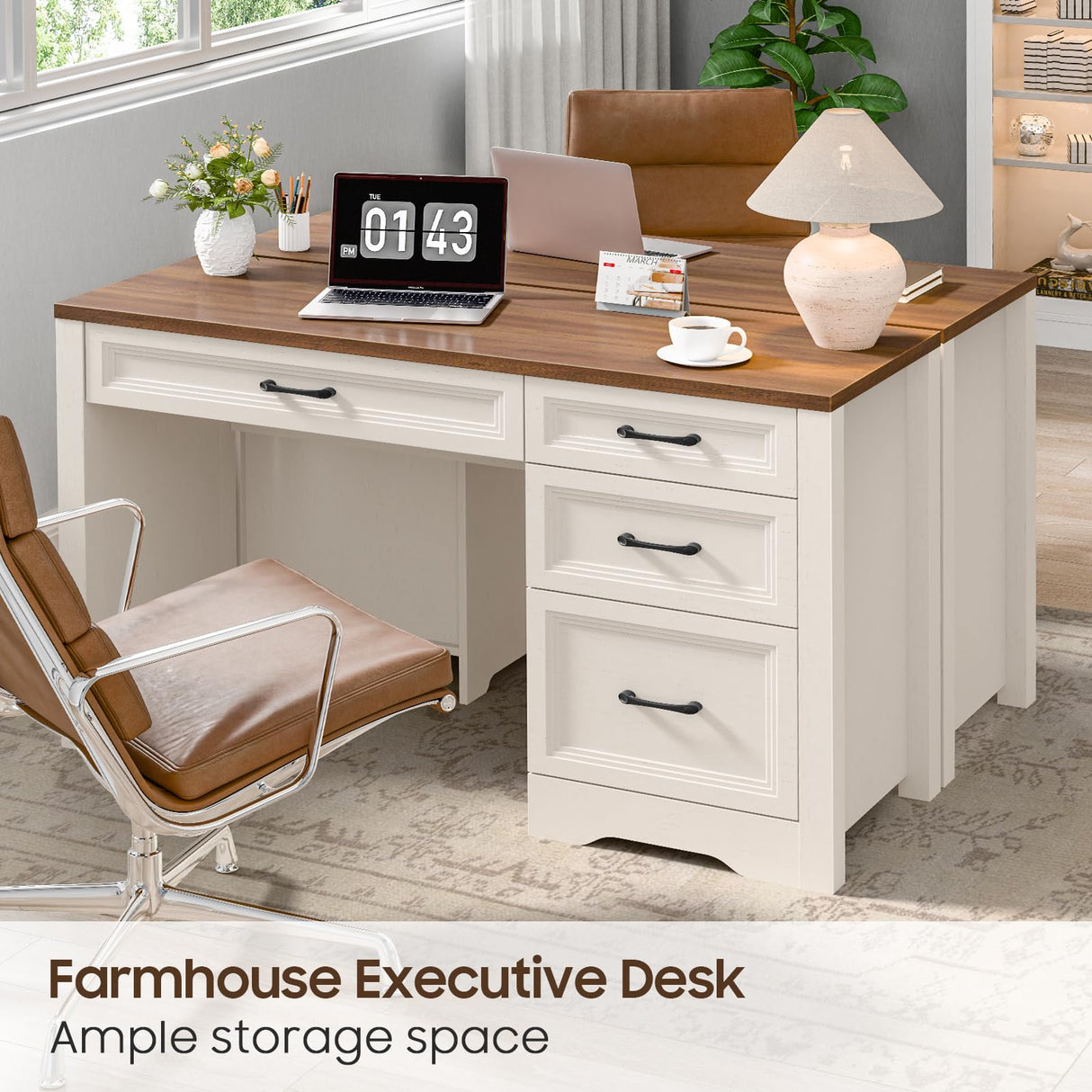 Vabches Farmhouse Executive Desk with Storage and Ample File Drawer, Rustic Large Home Writing Desk for Bedroom, White Vabches