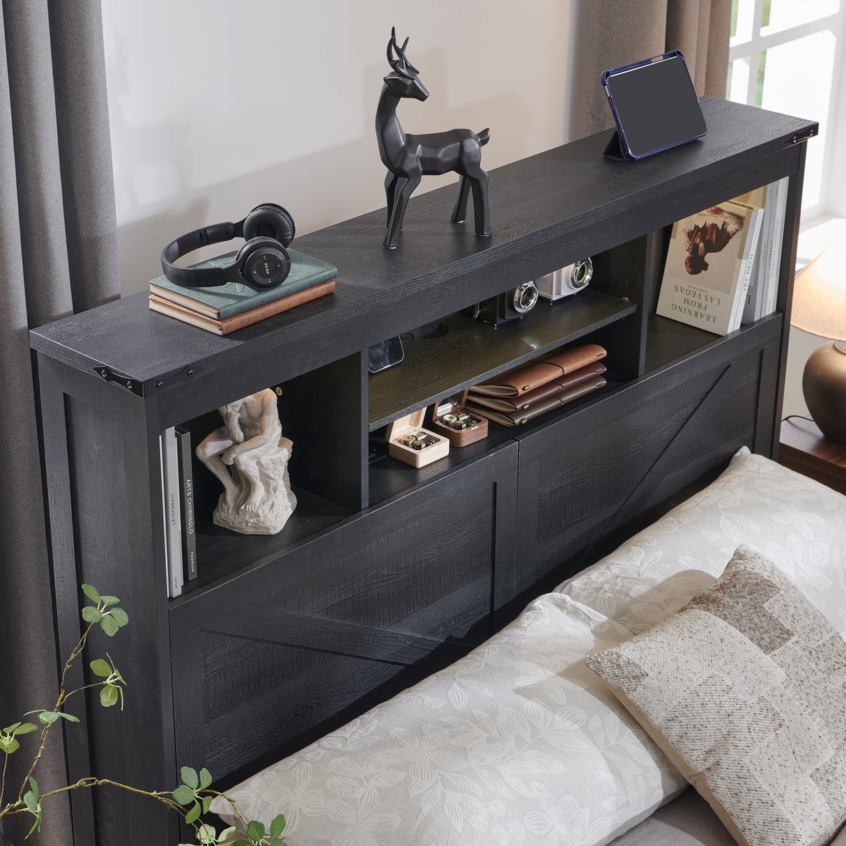 ACCOHOHO Black Farmhouse Wood Bed Frame with 52" Storage Headboard, LED Light & Charging Station ACCOHOHO