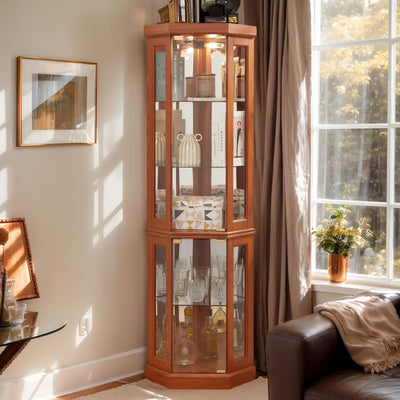 CKEASEAN Corner Curio Cabinet, 70" H Lighted Glass Display Cage with Tempered Glass Doors and Adjustable Shelves, Bulb Inclued, Wine Bar China Cabinet for Living Room Liquor Storage (Dark Oak)