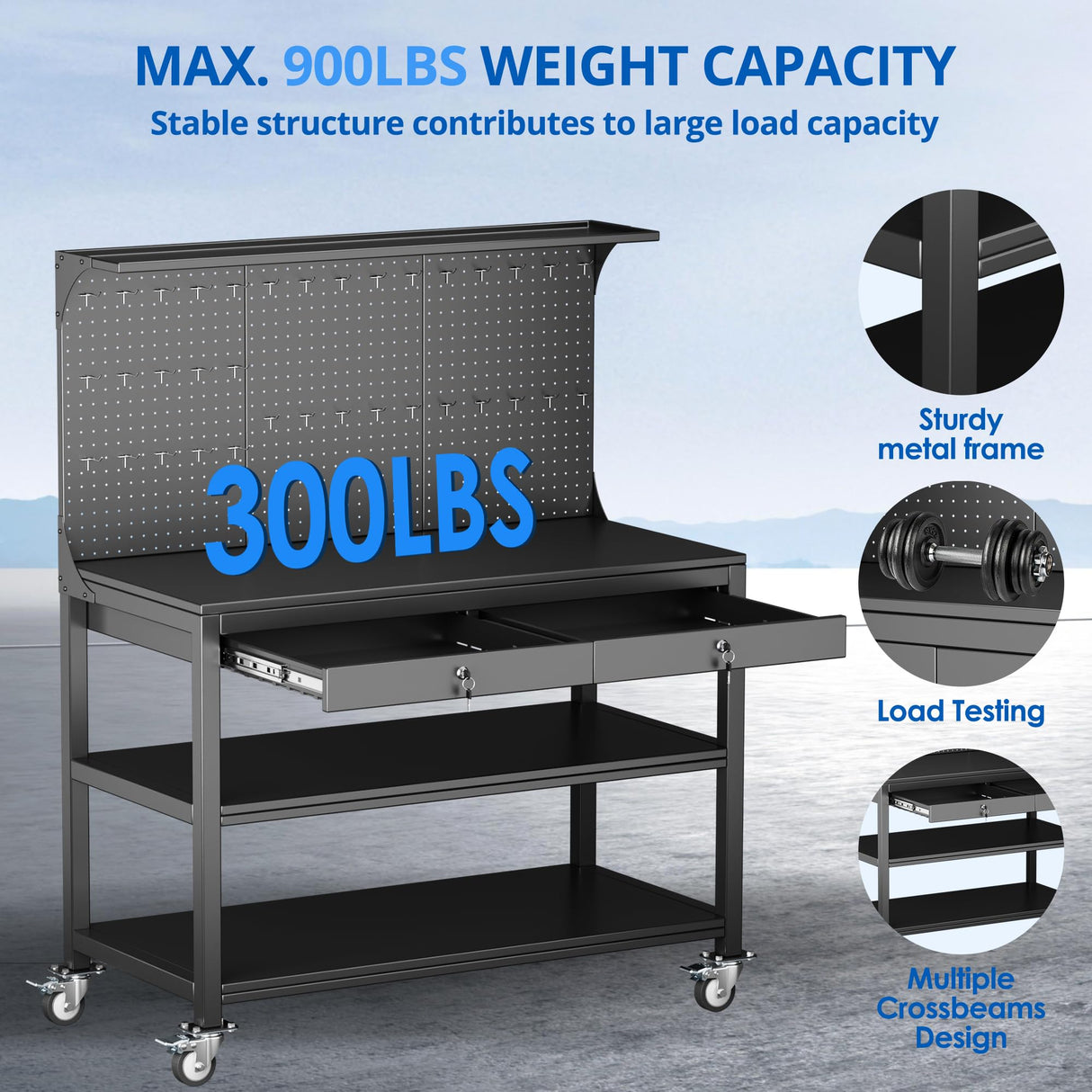 Aobabo Metal Workbench with 2 Lockable Drawer, Steel Tube Legs Workbench on Wheels, 3 Levels Workbench with Pegboard &35 Hooks for Garage Warehouse Utility Room, Black Tool Bench, Assembly Required Aobabo