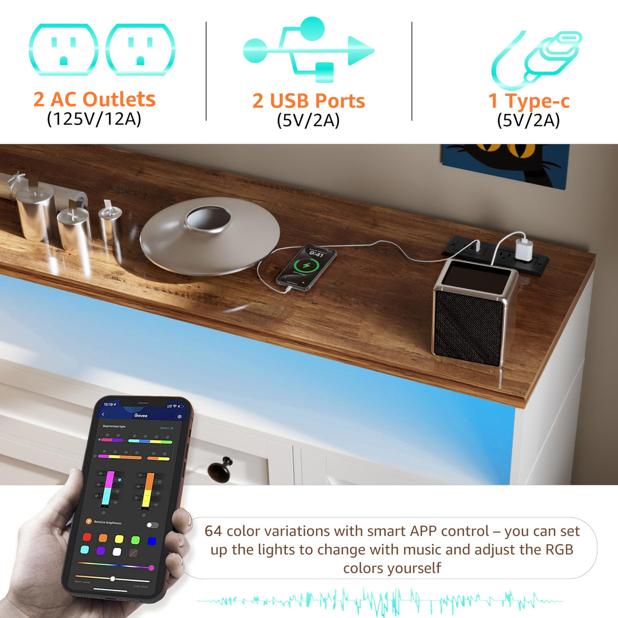 FJTJBSI 55" Buffet Cabinet with Power Outlets and Lights Large Kitchen Sideboard Buffet with Drawers Farmhouse Kitchen Storage Cabinet with Adjustable Shelves Coffee Bar Station for Coffee Bar Room FJTJBSI