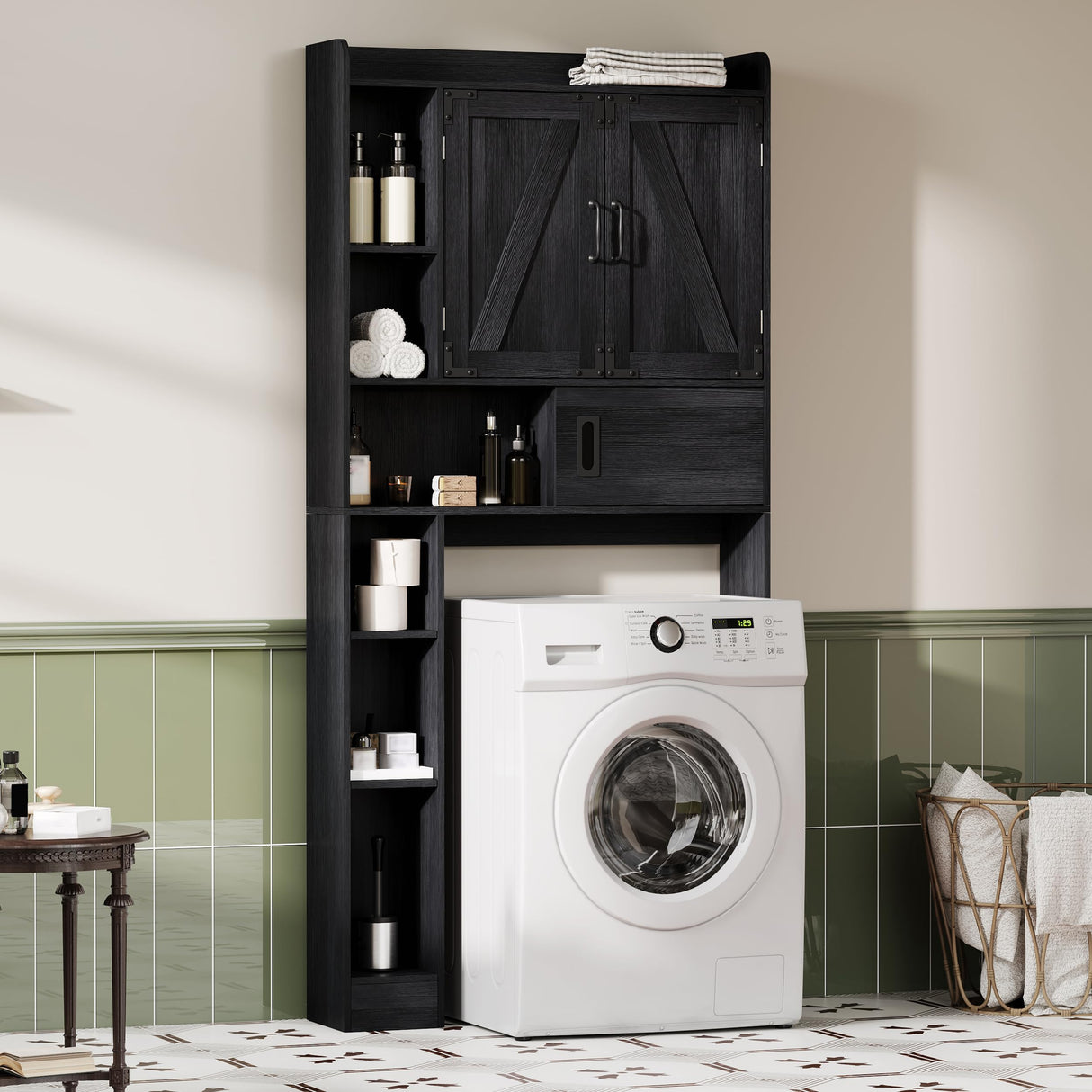 ChooChoo Over The Toilet Storage Cabinet, Farmhouse Bathroom Storage Cabinet with Barn Doors, Sliding Drawer, Adjustable Shelves, Space-Saving, Black ChooChoo