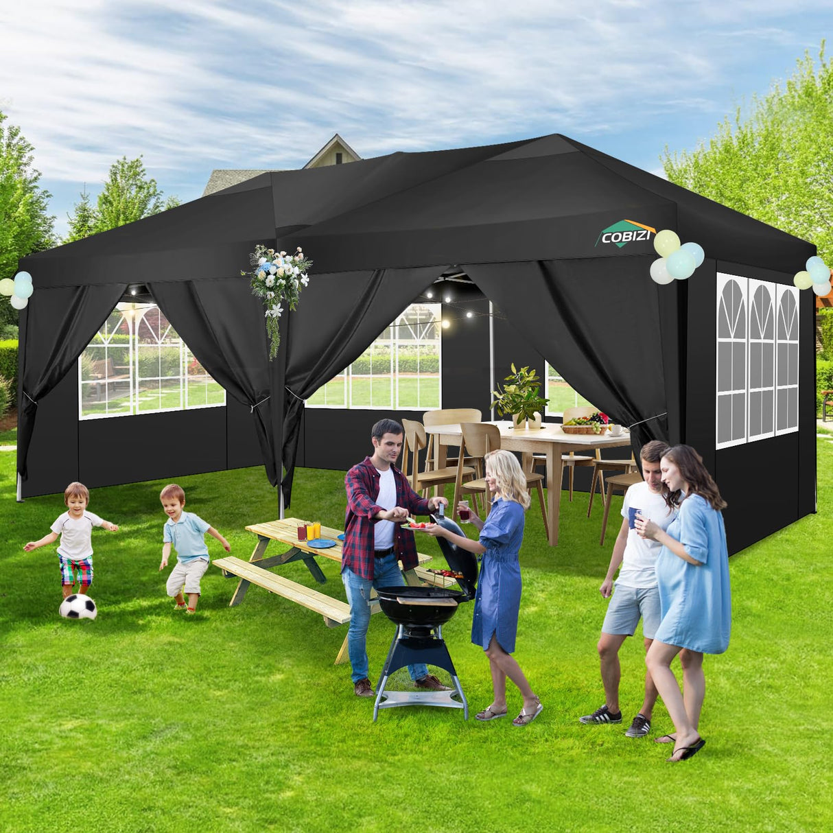 COBIZI Canopy 10x20 Pop Up Canopy Tent with 6 Sidewalls, Waterproof Outdoor Event Shelter Gazebo Sun Shade Portable 10x20 Tents for Parties Beach Camping Commercial Instant Canopy (Black, 10'x20') COBIZI