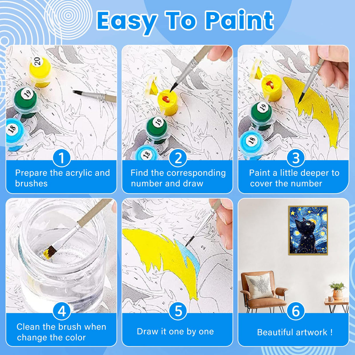 Yunnuo Paint by Numbers for Adults Black Cat, Paint by Numbers Kit on Canvas for Beginners, Starry Night Number Painting Set Craft Supplies, 3 Paintbrushes and Acrylic Paint 16x20 Inch Yunnuo