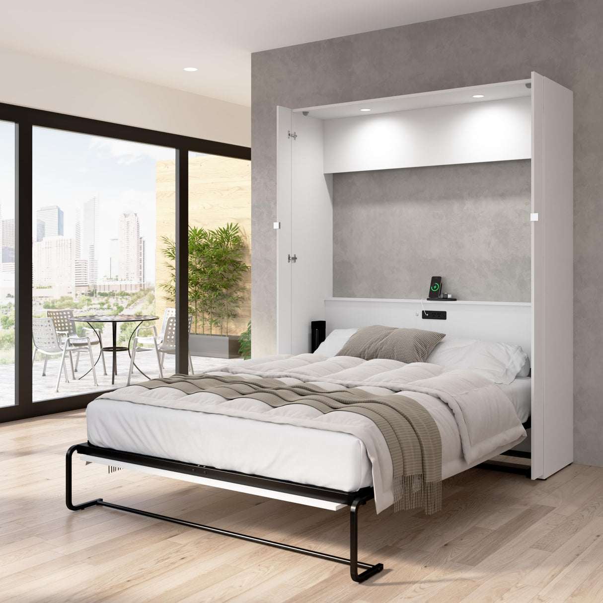 Bestar Avalon 67W Queen Murphy Bed in High-Gloss White | Space-Saving Sleeping Arrangement for Multipurpose Space, Guest Room, or Bedroom Bestar