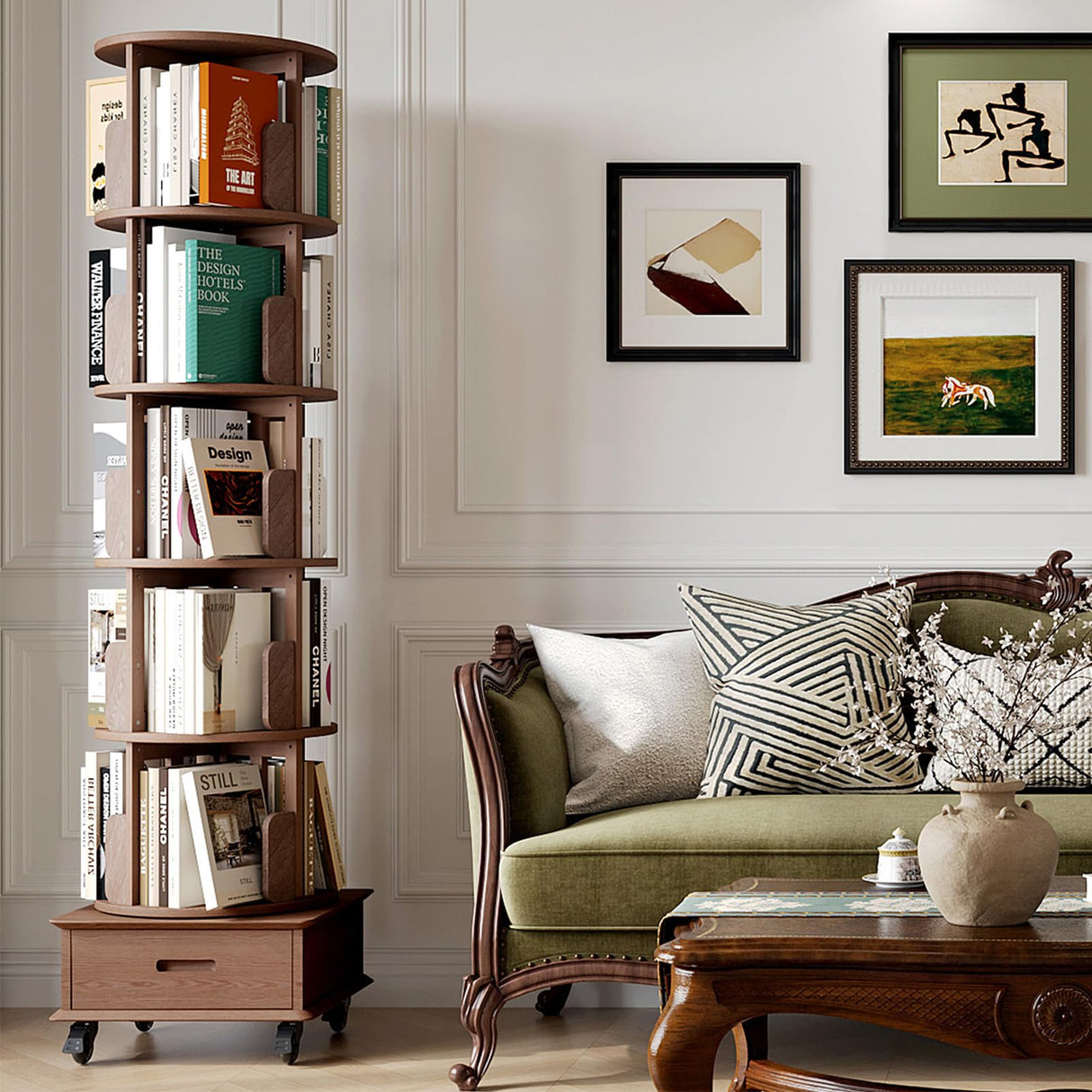 JIAWORLDER Solid Wood Rotating Bookshelf Tower on Wheels, 5-Tier Spinning Bookcase with Drawer, 72" Floor Standing Revolving Bookshelf, Rotating Bookcase for Small Space, Walnut JIAWORLDER