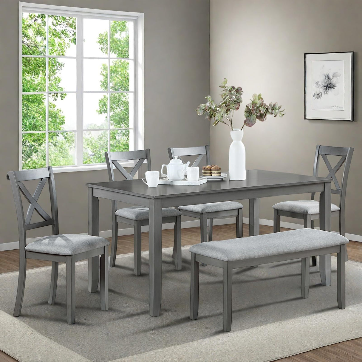 Trygoal 6-Piece Dining Table Set for 4-6 People, Kitchen Set with 4 Upholstered Chairs and One Bench, Living Room Chairs with X-Shape Backrest, Rectangular Wooden Table for Home Bar and Kitchen, Gray Trygoal