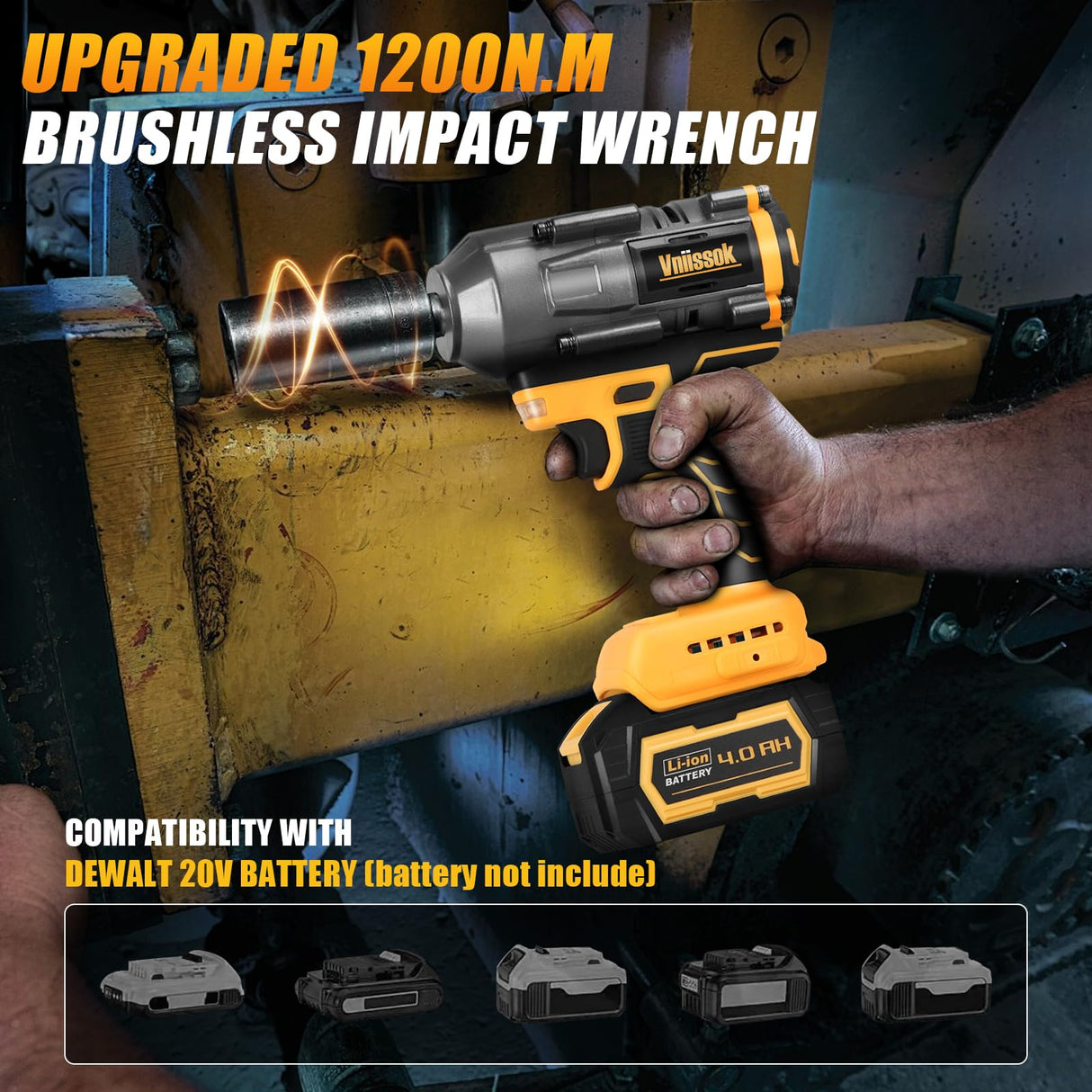 Cordless Impact Wrench 1/2 inch for Dewalt 20V Battery, 900FT-LBS(1200N.m) Impact Driver High Torque Brushless Electric Impact Gun Includes LED Work Light Variable Speeds for Car/Truck RV/Mower Vniissok