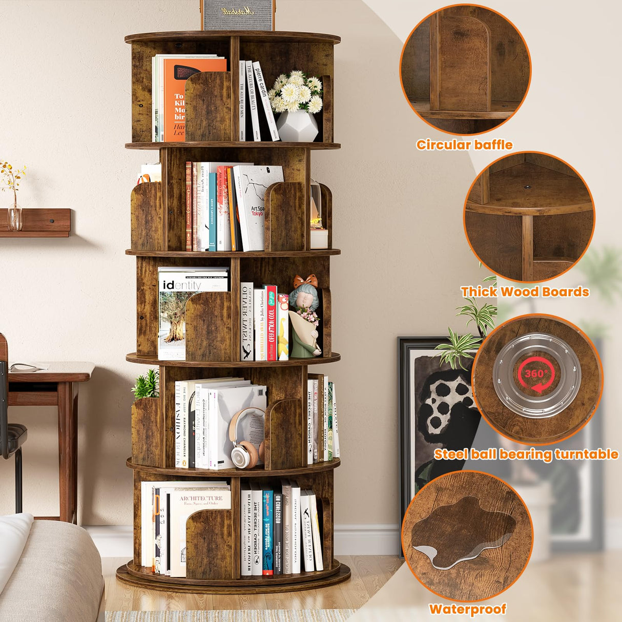 Besiost Rotating Bookshelf Tower, 5 Tier Spinning Bookcase, Revolving 360 Book Shelf Narrow Tall Bookcase, Vertical Turning Round Bookshelf Organizer, Corner Book Shelf for Small Space, Rustic Brown Besiost