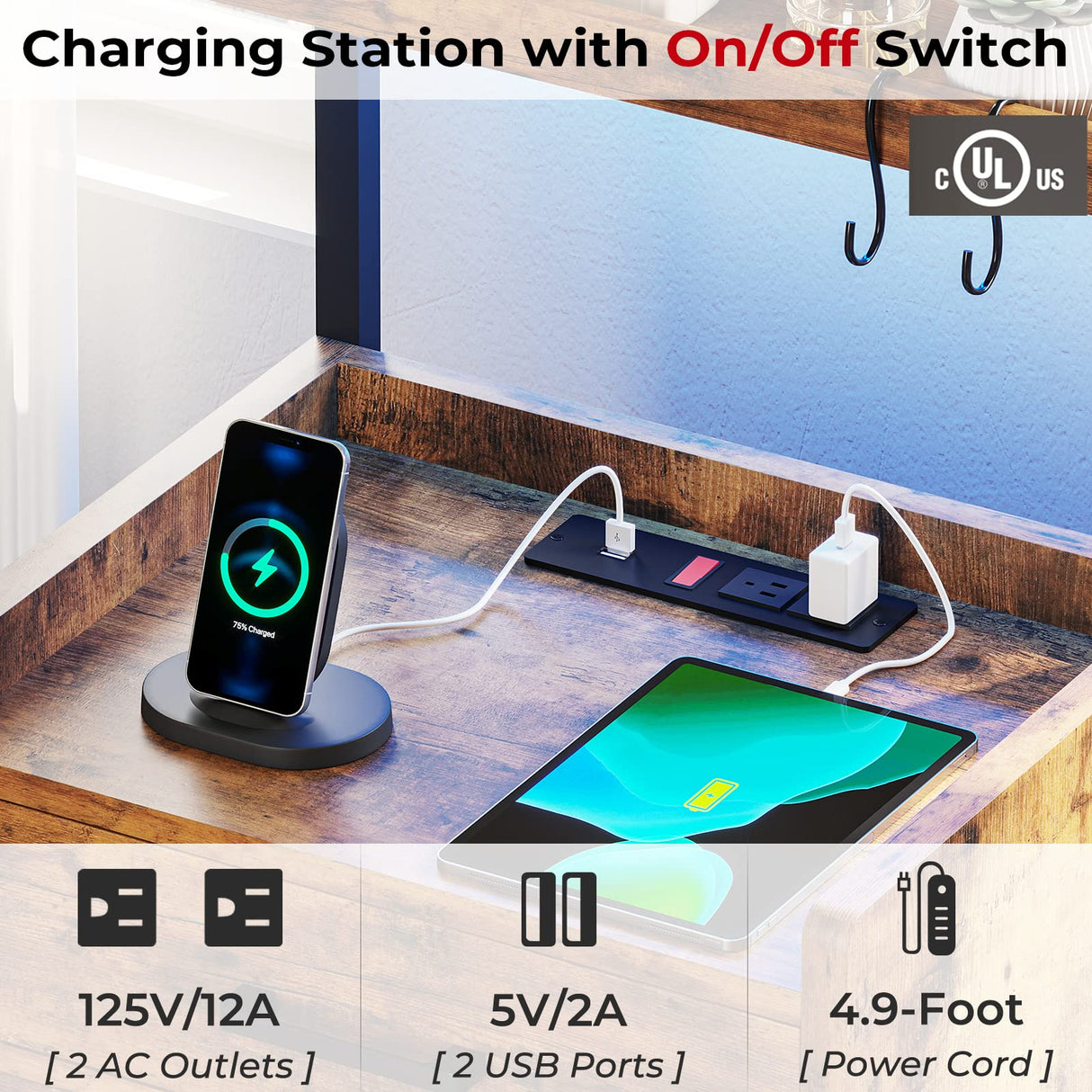 AOGLLATI LED Nightstand Set of 2 with Charging Station, 2 Drawers Night Stand with LED Lights for Bedroom, 2 USB Ports, 2 Power Outlets, Bed Side Table with Storage Shelves AOGLLATI