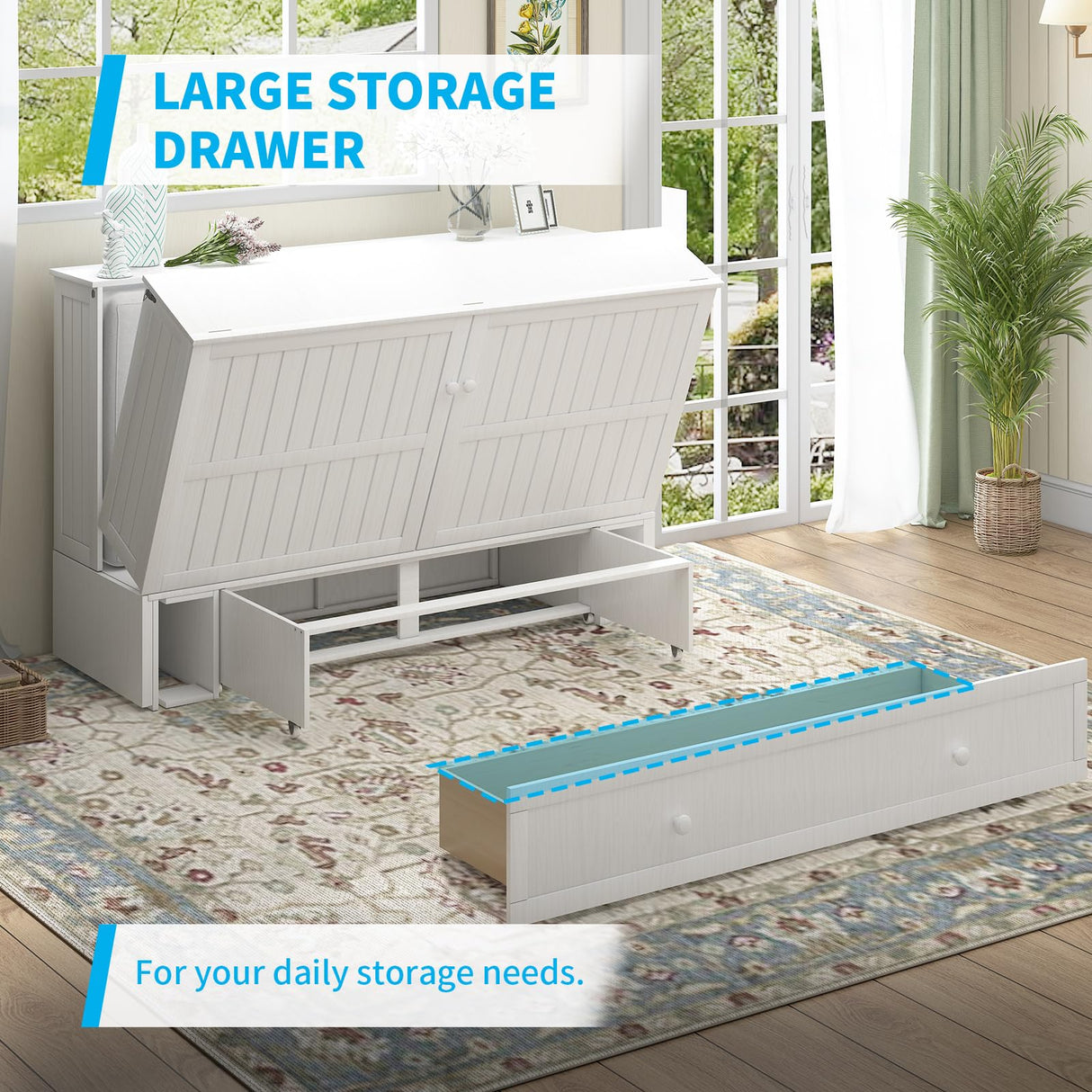 Mjkone Murphy Bed Cabinet, Queen Murphy Bed with Tri-Fold Mattress and USB Charging Station, Space-Saving Cube Beds with 2 Large Drawers for Living Room Guest Room Bedroom -White Mjkone