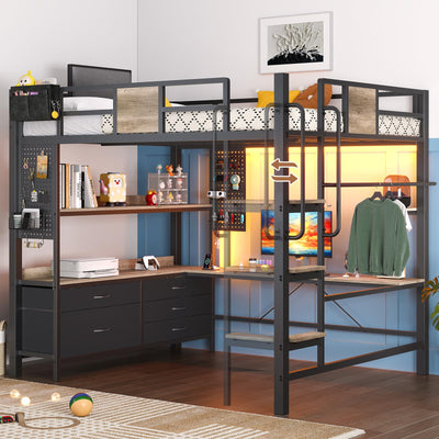 Dnxao Full Loft Bed with Desk and 5 Storage Drawers, Loft Bed Full Size with Desk,1 Bedside Organizer,Removable Ladder,LED Lights and Charging Station,Clothes Rail,Safety Guard,Oak Gray