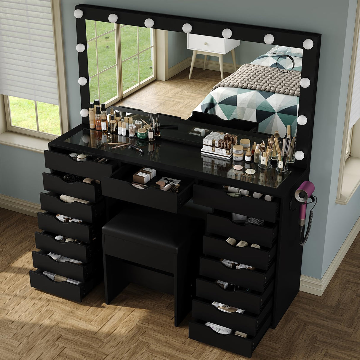 Yanosaku 15 Drawers Vanity Desk with Power Outlet, Makeup Table with Mirror and 13 LED Lights, 3 Color Lighting Modes, Brightness Adjustable, Glass Top Dressing Table, Vanity Set for Bedroom (Black) Yanosaku