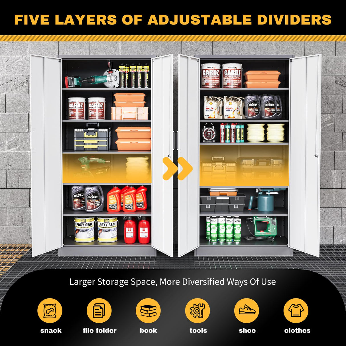 ZAOUS Garage Storage Cabinet, 72'' Tall Metal Storage Cabinets with Lock and 5 Adjustable Shelves for Home, Office, Warehouse, Grey & White ZAOUS